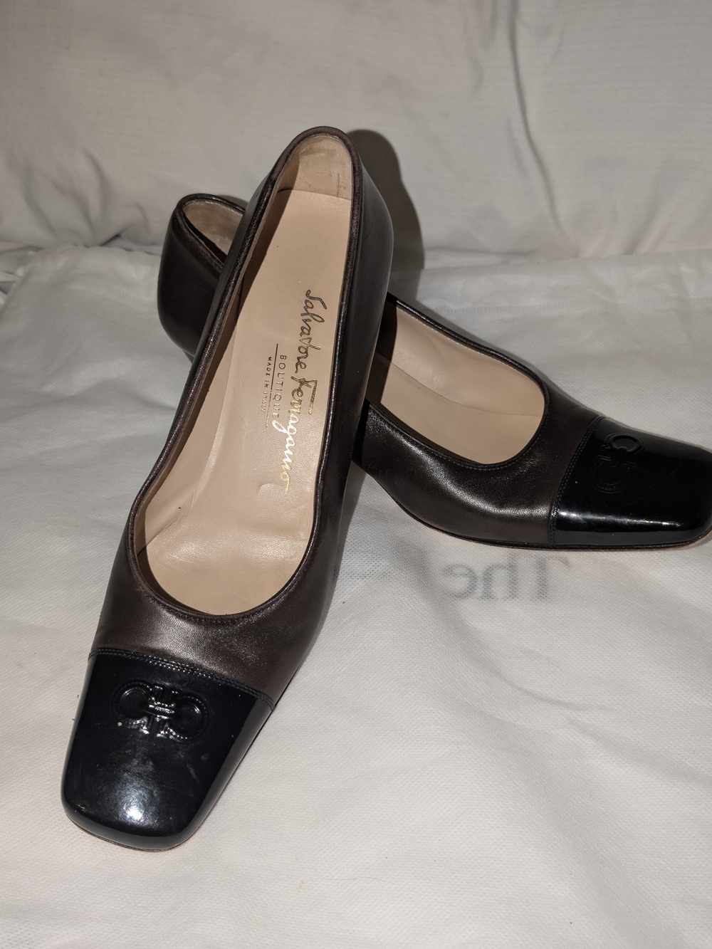 Salvatore Ferragamo Brown Leather Pumps with Black Patent Cap Toe